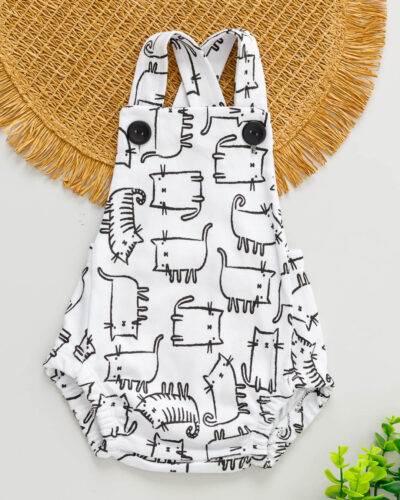 Jardineira Bebê Romper Suedine Estampado Gatinho Preto