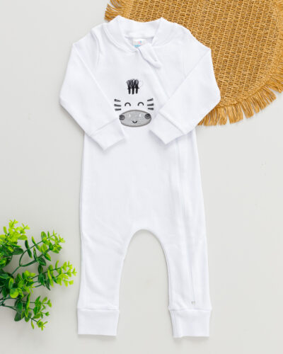 Macacão Bebê Suedine Branco Bordado Zebra