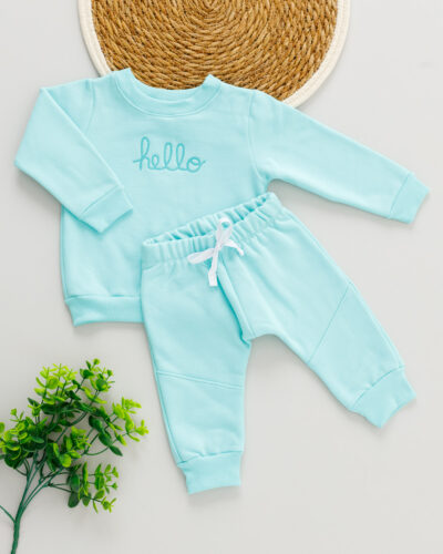 Conjunto Blusa Calça Moletom Verde Água Hello Bordado