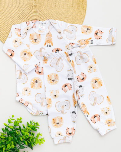 Conjunto Body Calça Bebê Térmico Branco Estampado Elefante
