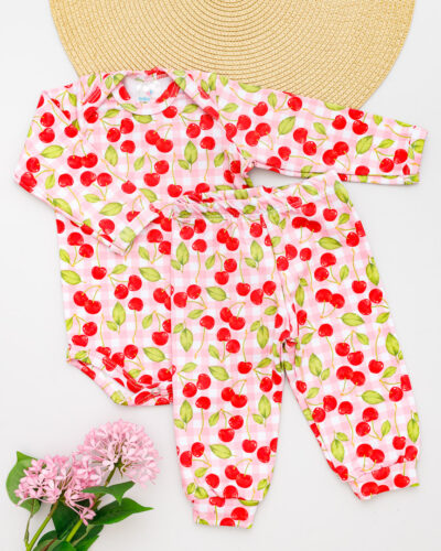 Conjunto Body Calça Bebê Térmico Estampado Cereja