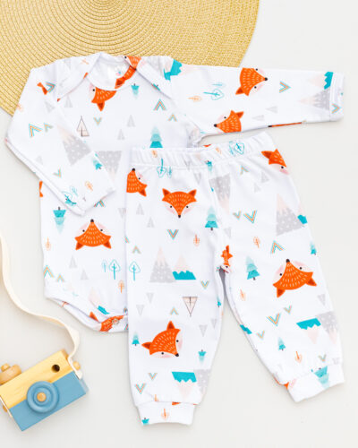 Conjunto Body Calça Bebê Térmico Branco Estampado Raposinha Laranja