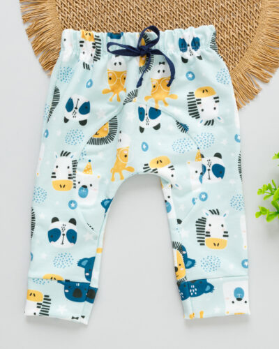 Calça Molecotton Bebê Azul Claro Estampado Leão e Bichos