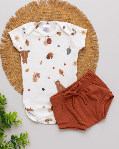 Conjunto Body e Tapa Fralda Canelado Bebê Estampado Esquilo
