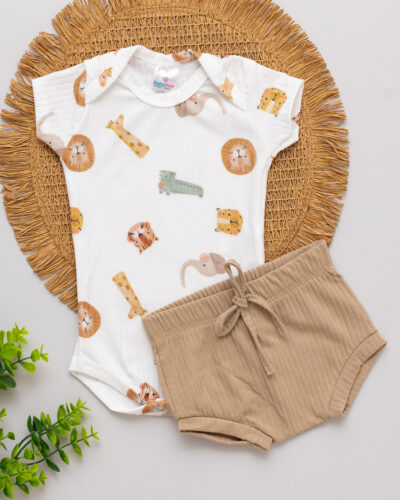 Conjunto Body e Tapa Fralda Canelado Bebê Estampado Jacaré
