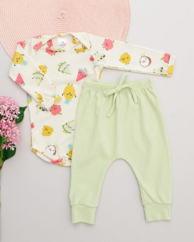Conjunto Bebê Body Calça Canelada Estampado Frutinhas Verde Clara