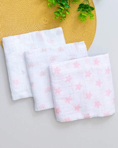 Kit 3 Fraldão Estampado Rosa Estrela e Arco-íris