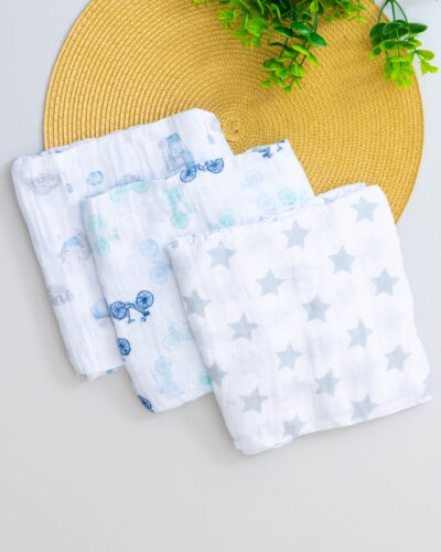 Kit 3 Fraldão Estampado Carrinho, Estrelinha Cinza e Bicicleta