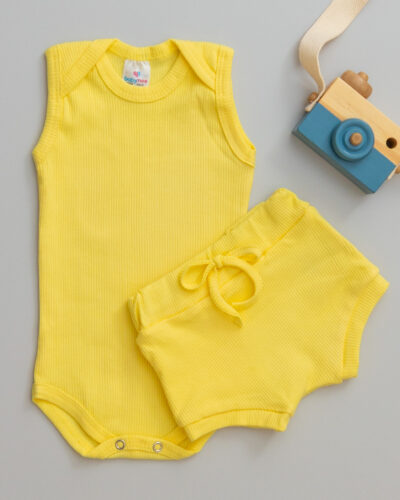 Conjunto Body Regata Canelado Bebê Amarelo com Tapa Fralda
