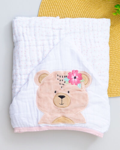 Toalha Fralda Bebê Bordada Ursinha Rosa