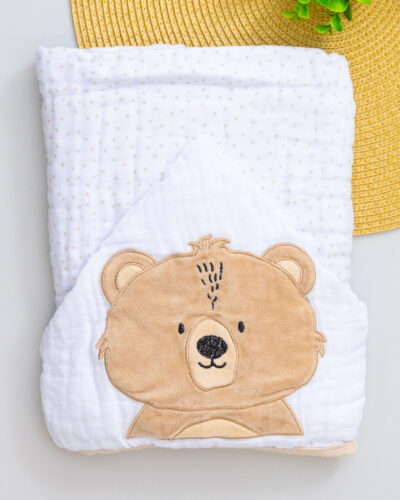 Toalha Fralda Bebê Bordada Branco Ursinho