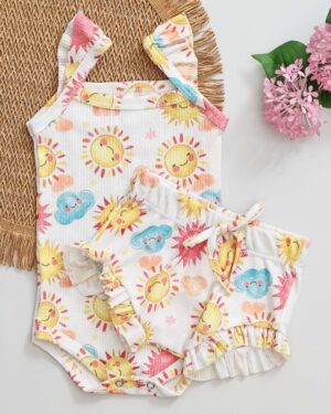 Conjunto Body Regata Babado e Tapa Fralda Céu Divertido