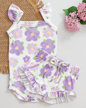 Conjunto Body Regata Babado e Tapa Fralda Bebê Florzinhas do Campo