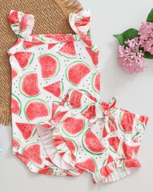 Conjunto Body Regata Babado e Tapa Fralda Doce Melancia