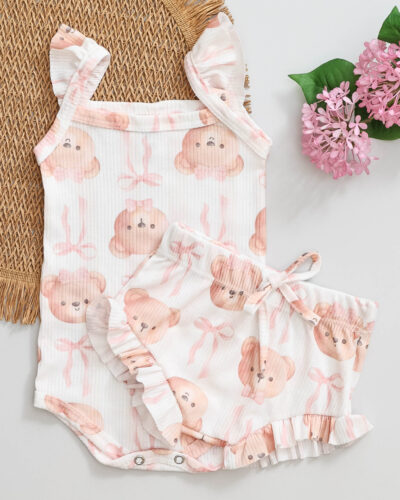 Conjunto Body Regata Babado e Tapa Fralda Bebê Ursinha Encantada