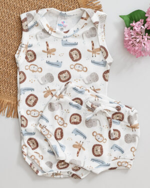 Conjunto Body Regata e Tapa Fralda Bebê Safari Divertido