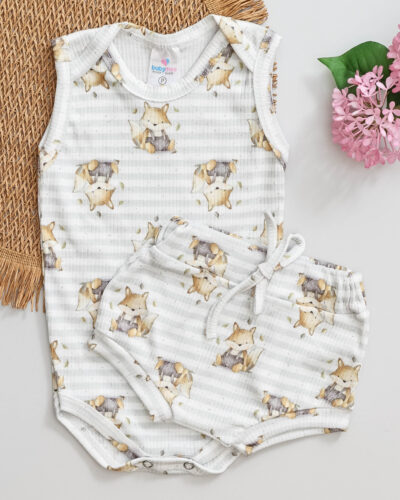 Conjunto Body Regata Listrada e Tapa Fralda Raposinha Bebê