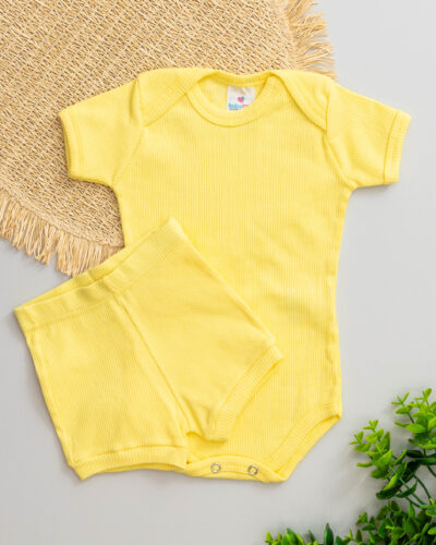 Conjunto Body Short Bebê Canelado Amarelo