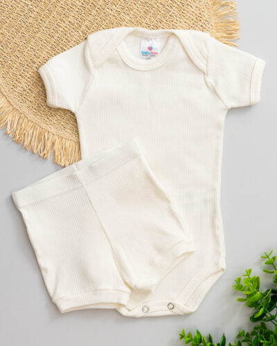 Conjunto Body Short Bebê Canelado Bege