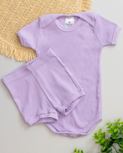 Conjunto Body Short Bebê Canelado Lilás