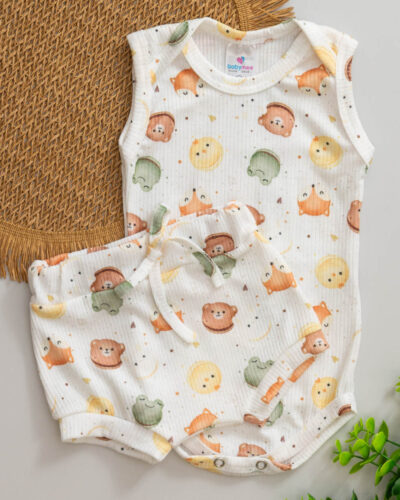 Conjunto Body Regata Listrada e Tapa Fralda Estampado Sapinho