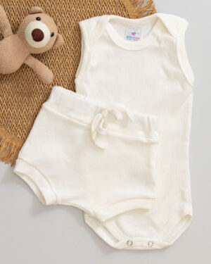 Conjunto Body Regata Canelado Bebê Off White com Tapa Fralda