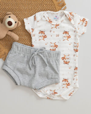 Conjunto Body e Tapa Fralda Canelado Bebê Estampado Raposinha com Coelhinho