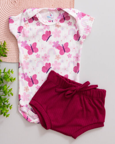 Conjunto Body e Tapa Fralda Canelado Bebê Estampado Borboletas