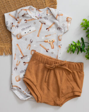 Conjunto Body e Tapa Fralda Canelado Bebê Estampado Ferramentas