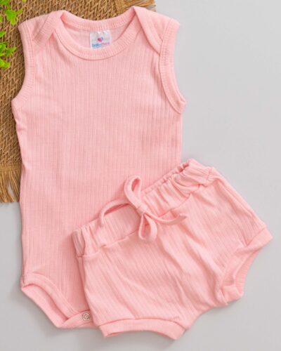 Conjunto Body Regata Canelado Algodão Rosa com Tapa Fralda