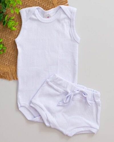 Conjunto Body Regata Canelado Algodão Branco com Tapa Fralda