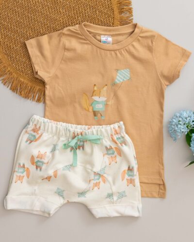 Conjunto Camiseta Long Line Bebê Curta e Bermuda Saruel MoleCotton Raposinha