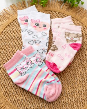 Kit 3 Meias Win Kids Bebê Rosa Cachorrinho