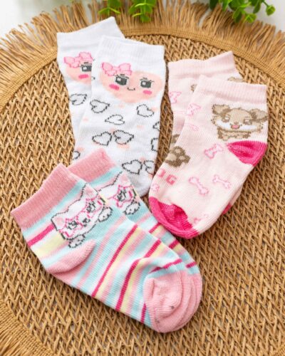 Kit 3 Meias Win Kids Bebê Rosa Cachorrinho