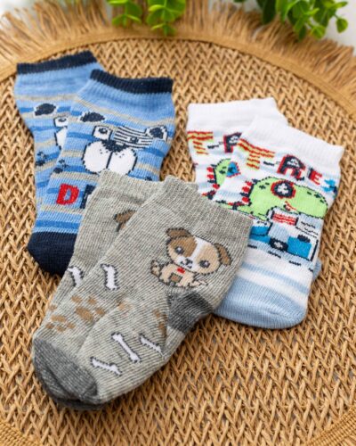 Kit 3 Meias Win Kids Bebê Azul Dog Listra