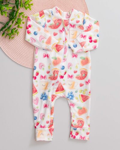 Macacão Bebê Canelado Estampado Frutas Laço