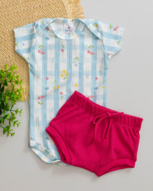 Conjunto Body e Tapa Fralda Rosa Pink Canelado Bebê Estampado Flores