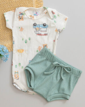 Conjunto Body e Tapa Fralda Canelado Bebê Estampado Kombi