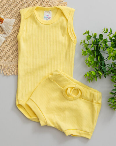 Conjunto Body Regata Canelado Algodão Bebê Amarelo com Tapa Fralda
