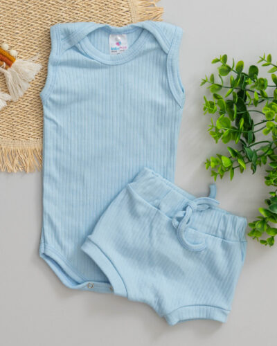 Conjunto Body Regata Canelado Algodão Azul Bebê com Tapa Fralda