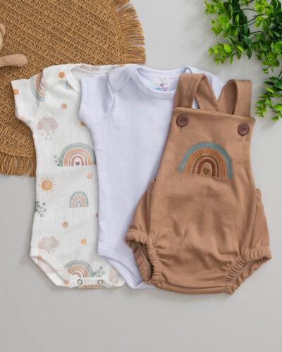 Kit 3 Peças Jardineira Romper e Body Bebê Arco-íris