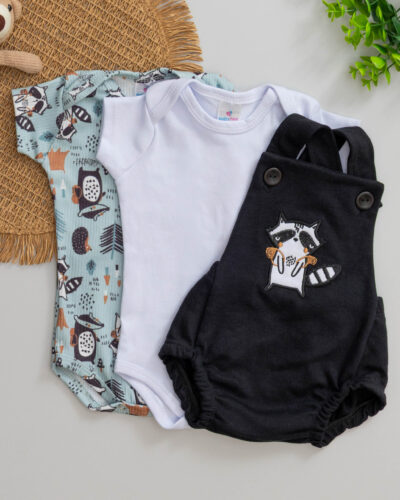 Kit 3 Peças Jardineira Romper e Body Bebê Guaxinim