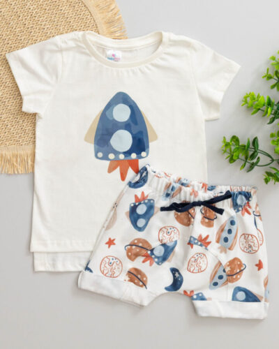 Conjunto Camiseta Long Line Bebê Curta e Bermuda Saruel MoleCotton Nave