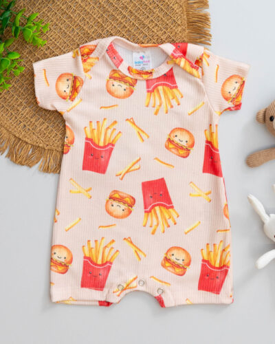 Macacão Curto Bebê Romper Canelado Estampado Mini Combo Feliz