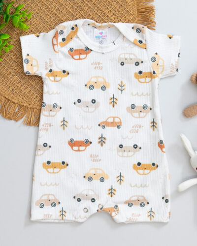 Macacão Curto Bebê Romper Canelado Estampado Carrinho