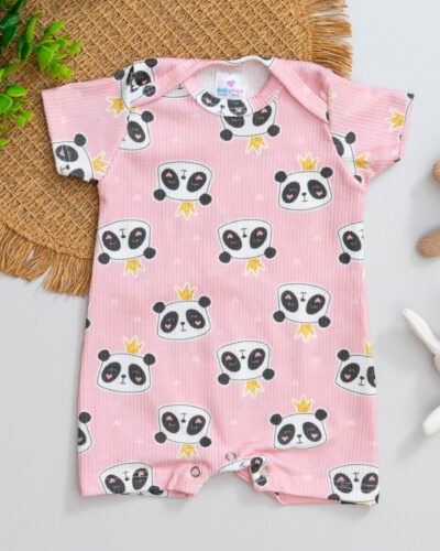 Macacão Curto Bebê Romper Canelado Rosa Estampado Pandinha